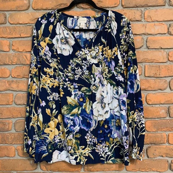 Chico's Tops - Chico's Primavera Floral Blouse Womens Size Large Navy Long Sleeve V-Neck Top